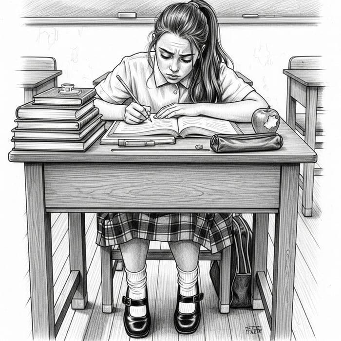 Mischievous Girl Studying at Her School Desk Mischievous Girl Studying at Her School Desk