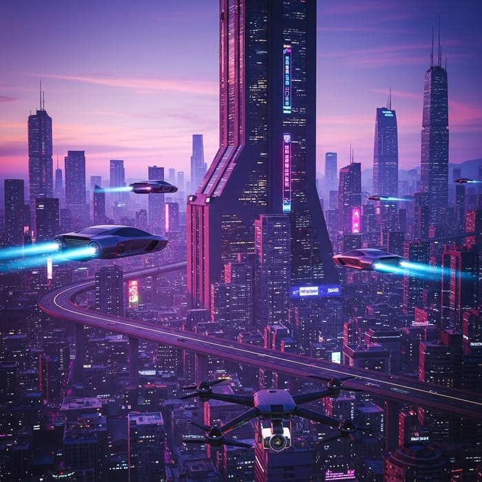 Futuristic Cyberpunk Cityscape: Neon Lights, Flying Cars & Advanced Tech