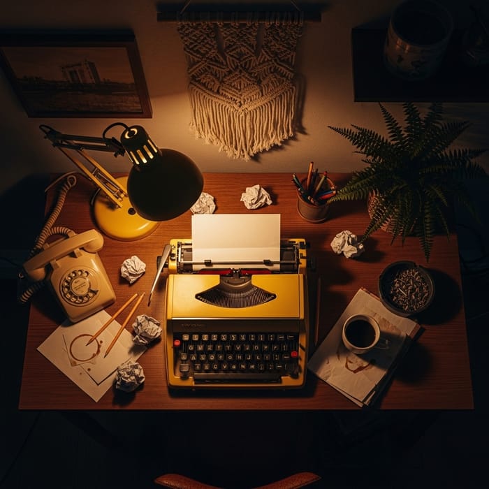 Moody 1970s Vintage Scene with Yellow Typewriter and Pencils Moody 1970s Vintage Scene with Yellow Typewriter and Pencils
