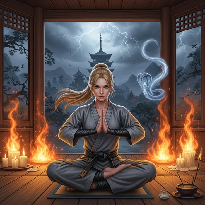 Martial Arts Prodigy Summoning Fire in Secluded Dojo Martial Arts Prodigy Summoning Fire in Secluded Dojo