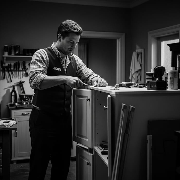 Intense Character Study: John Reassembling Cupboard in Film Noir Ambiance