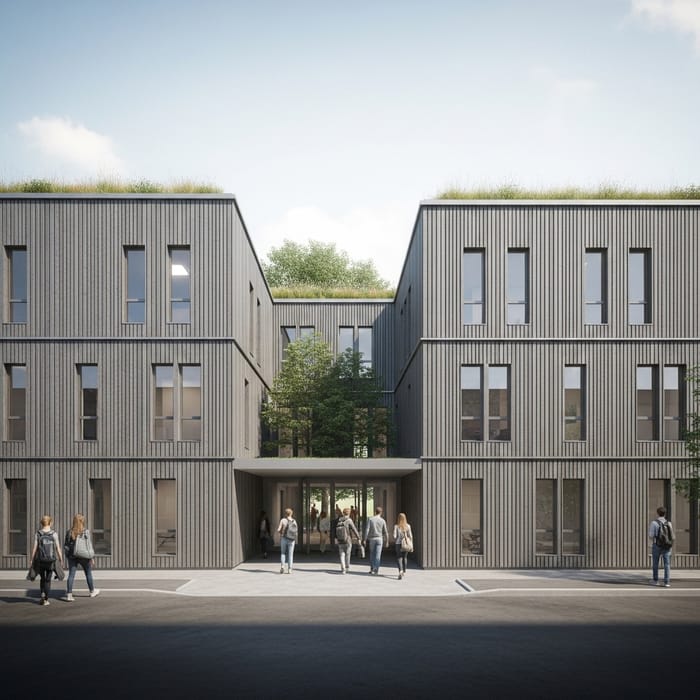 Modern Eco-Friendly School Design with Stylish Vertical Wood & Metal Facade Modern Eco-Friendly School Design with Stylish Vertical Wood & Metal Facade