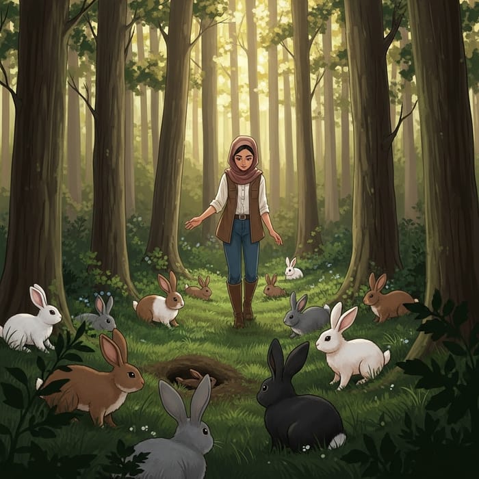 Girl in Forest with Rabbits: Enchanting Nature Scene with a Middle-Eastern Girl Girl in Forest with Rabbits: Enchanting Nature Scene with a Middle-Eastern Girl