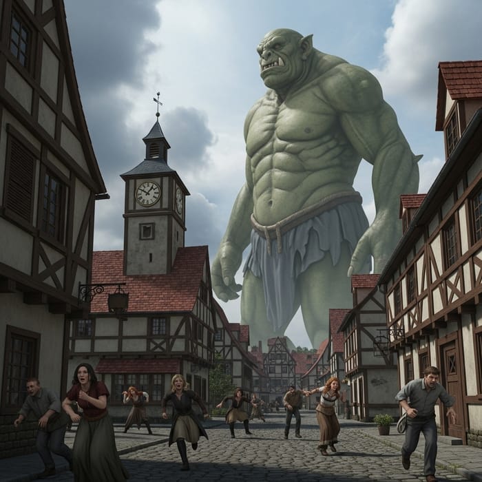 Giant Mythical Creature Rampages Through Quaint Village Giant Mythical Creature Rampages Through Quaint Village