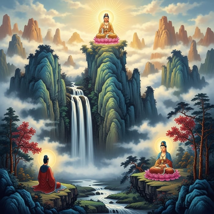 Spiritual Masterpiece: Mountain Waterfall & Buddhas Spiritual Masterpiece: Mountain Waterfall & Buddhas