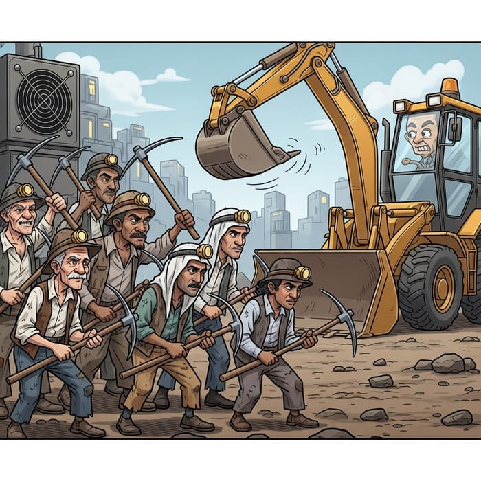 Cryptocurrency Mining Cartoon: Senior Prospectors vs. Giant Back-Actor Competition