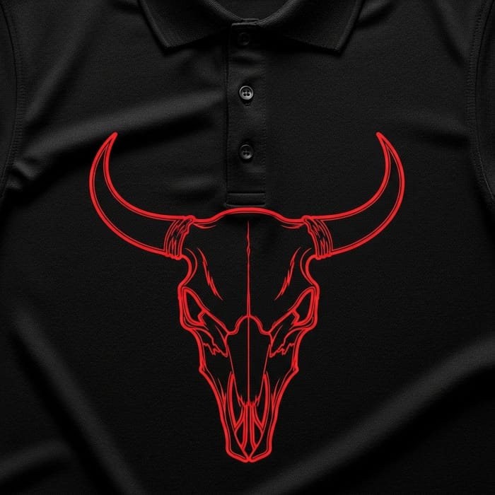 Black Polo T-Shirt with Intricate Red Bull Skull Design for Darts Black Polo T-Shirt with Intricate Red Bull Skull Design for Darts