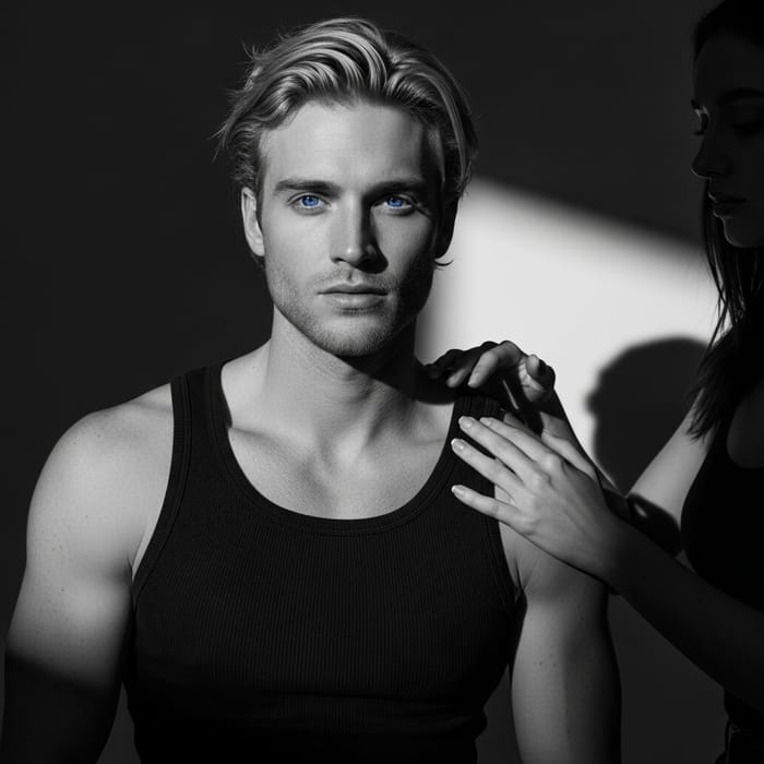 Sensual Black and White Studio Portrait: Muscular Man and Blonde Woman Sensual Black and White Studio Portrait: Muscular Man and Blonde Woman