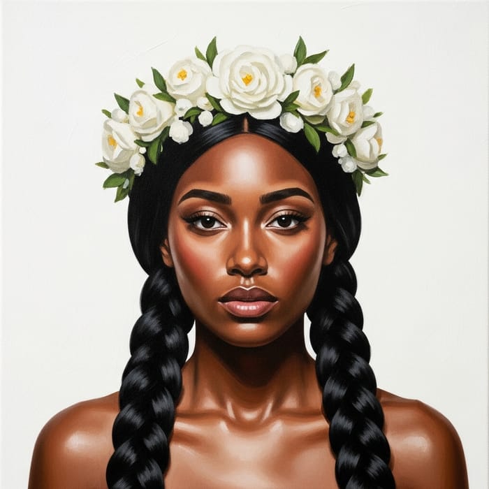 Realistic Oil Painting of Black-Brown Skinned Woman with Floral Head