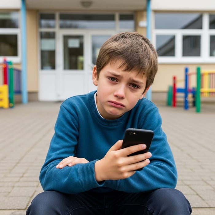Upset Boy with Phone in Schoolyard | Heartfelt Shot