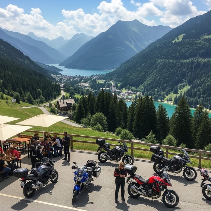 Motorcycle Enthusiasts Enjoy Sunny Day in Europe's Mountain Paradise Motorcycle Enthusiasts Enjoy Sunny Day in Europe's Mountain Paradise