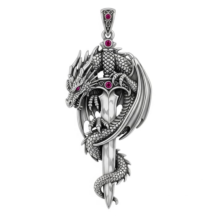 Unique Dragon Pendant with Intricate Glass Sword Design