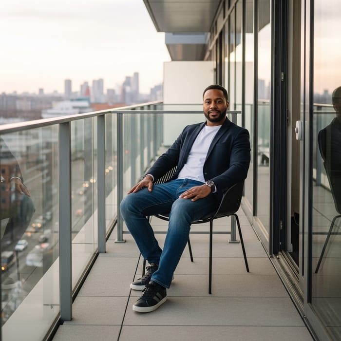 Stylish Modern Man Relaxing on Balcony | Cityscape View