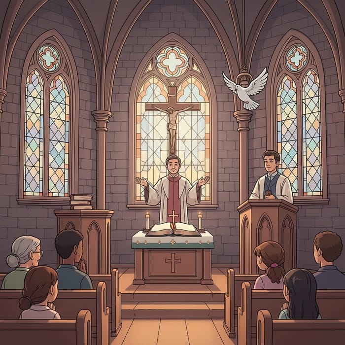 Tranquil Christianity Scene in an Old Stone Church