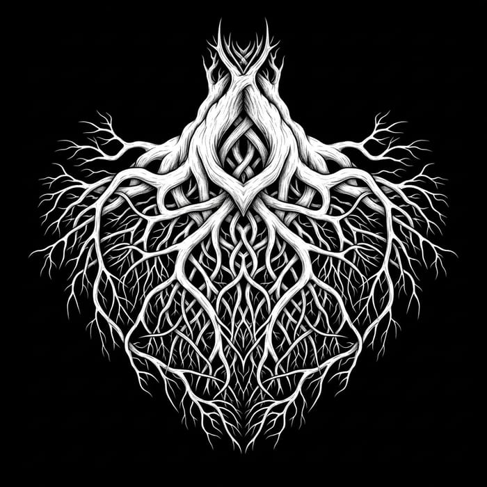 Symmetrical Upside-Down Heart-Shaped Tree Root System in Monochromatic White-On-Black Symmetrical Upside-Down Heart-Shaped Tree Root System in Monochromatic White-On-Black