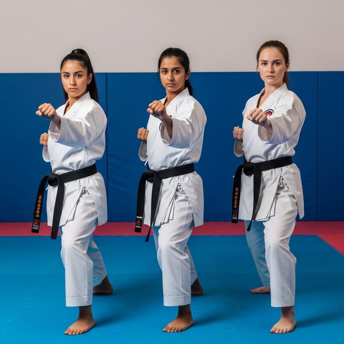 Multiethnic Female Karate Practitioners | Traditional Martial Arts Stances Multiethnic Female Karate Practitioners | Traditional Martial Arts Stances