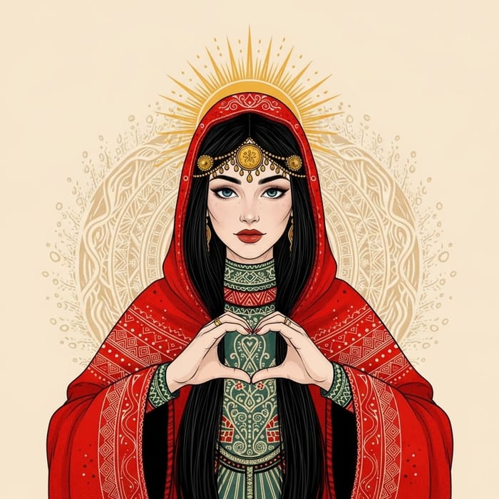 Ancient Slavic Mythology: Mara in Red Cloak Showing Heart Symbol Ancient Slavic Mythology: Mara in Red Cloak Showing Heart Symbol