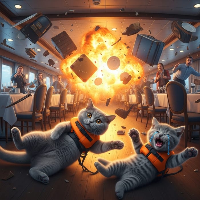 Dramatic Ship Dining Room Explosion with Crying Cats Dramatic Ship Dining Room Explosion with Crying Cats