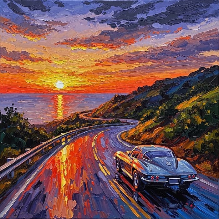 Vibrant Sunset Car Drive Painting Vibrant Sunset Car Drive Painting