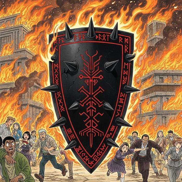 Black Shield on Fire - Chaotic Scene with Flaming Buildings Black Shield on Fire - Chaotic Scene with Flaming Buildings