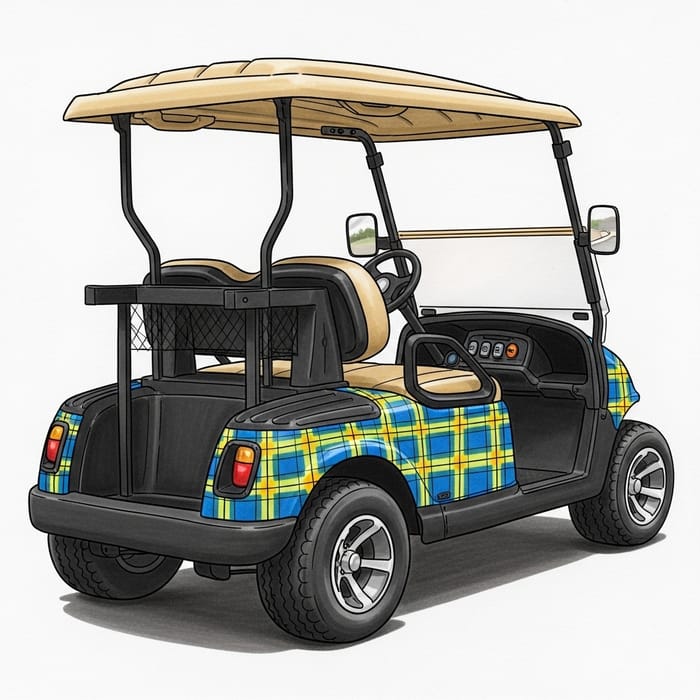 Hand-Drawn Plaid-Patterned 4 Passenger Golf Cart | Blue & Yellow Design