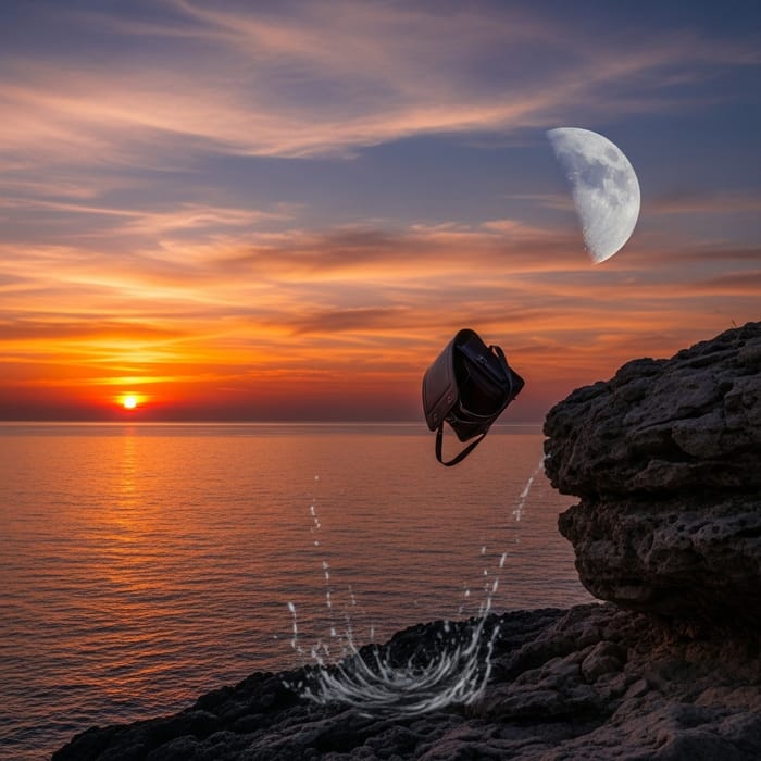 School Bag Falling into Sea: Beautiful Sunset and Moonrise