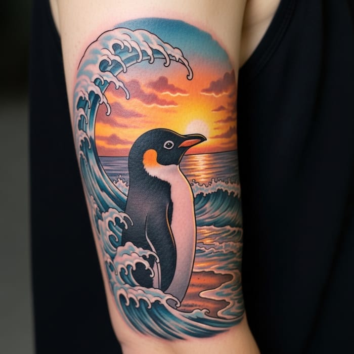 Sunset Wave Penguin Tattoo Design