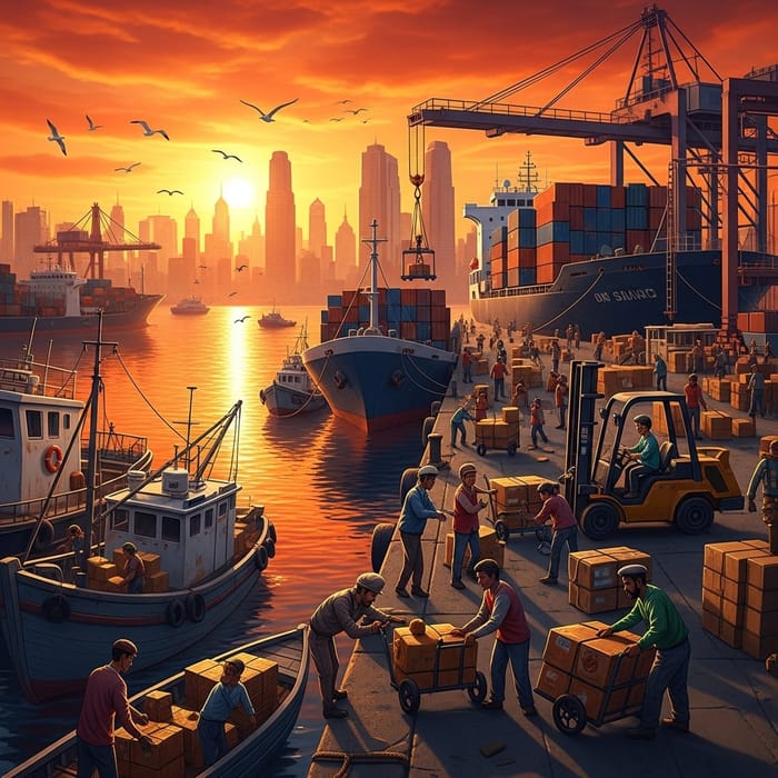 Vibrant City Harbor Chat Scene | Ships, Workers, Skyscrapers Vibrant City Harbor Chat Scene | Ships, Workers, Skyscrapers