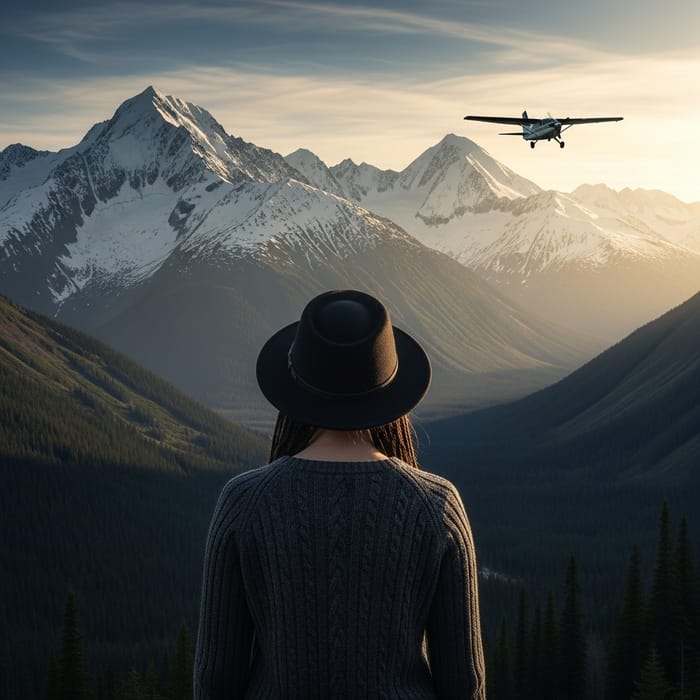 Dark-Haired Girl in Sweater with Wide-Brimmed Hat in Alaskan Wilderness