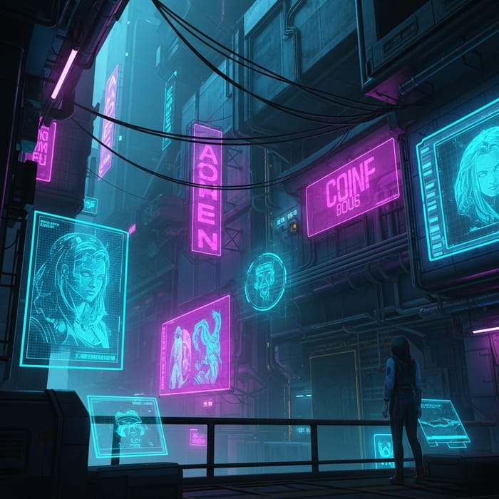 Cyberpunk Digital Cityscape: Neon Signs & Security Systems Cyberpunk Digital Cityscape: Neon Signs & Security Systems