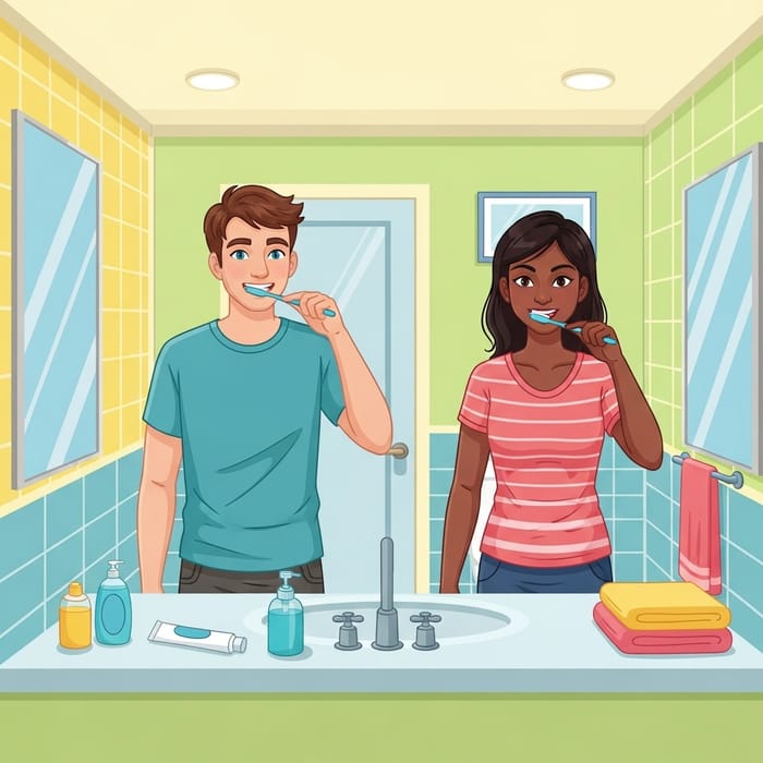 Vibrant Bathroom Toothbrushing Scene | Hygiene Routine Illustration