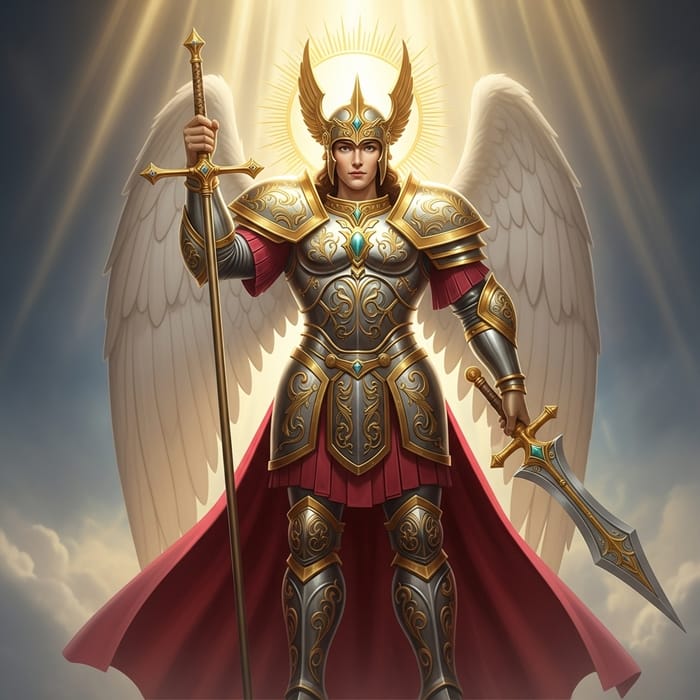 Saint Michael - Divine Celestial Being with Golden Halo and Ethereal Lighting Saint Michael - Divine Celestial Being with Golden Halo and Ethereal Lighting