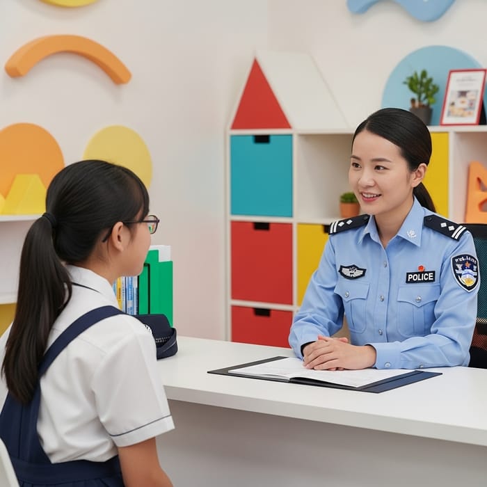 Engaging Asian Female Police Officer Talking to 13-Year-Old Girl