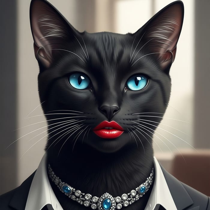 Feminine Black Cat with Striking Blue Eyes & Makeup