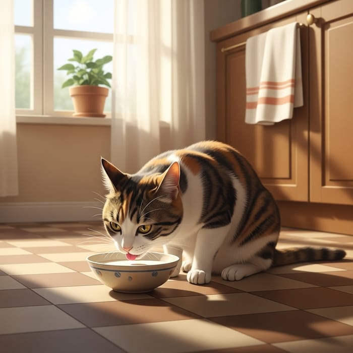 Adorable Cat Drinking Milk in Cozy Setting Adorable Cat Drinking Milk in Cozy Setting