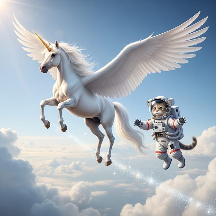 Whimsical Unicorn and Astronaut Cat - Fantasy Sky Adventure