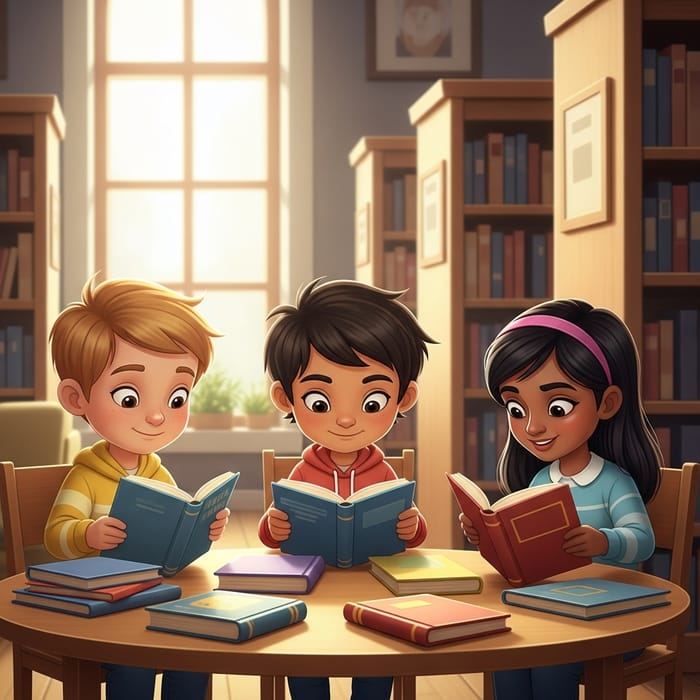 Three Children Reading in a Cozy Library - Animation