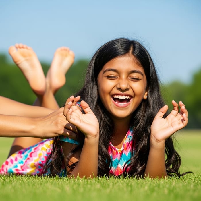 Joyful Girl Tickled | Radiant Dress Laughing Under Sunny Sky