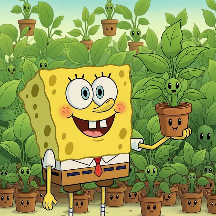 Cheerful Cartoon Sponge Character with Goofy Expression and Green Plants