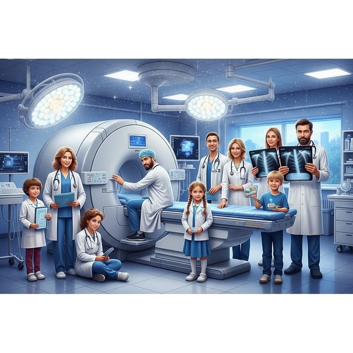 Hyperrealistic Russian Family of Doctors Demonstrating Advanced Medicine