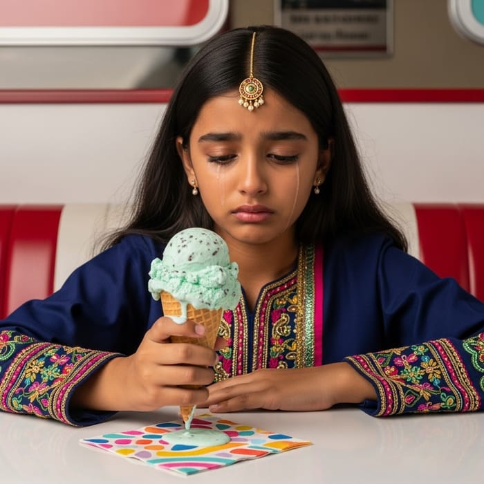 Upset Girl Eating Mint Chocolate Ice Cream at Retro Diner Upset Girl Eating Mint Chocolate Ice Cream at Retro Diner