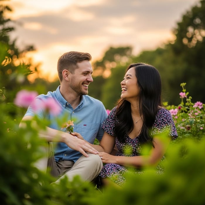 Romantic Couple Embracing in Beautiful Sunset Garden