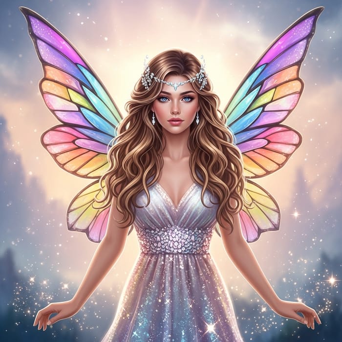Enchanting Feminine Fantasy Fairy with Honey Blonde Wavy Hair & Colorful Wings Enchanting Feminine Fantasy Fairy with Honey Blonde Wavy Hair & Colorful Wings