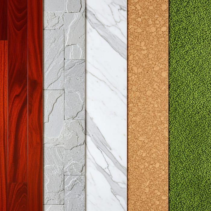 Floor Materials: Hardwood, Stone, Marble, Cork, Carpet - Visual Guide Floor Materials: Hardwood, Stone, Marble, Cork, Carpet - Visual Guide