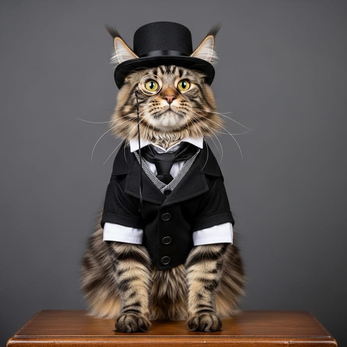 Formal Maine Coon Cat in Stylish Top Hat and Monocle Formal Maine Coon Cat in Stylish Top Hat and Monocle
