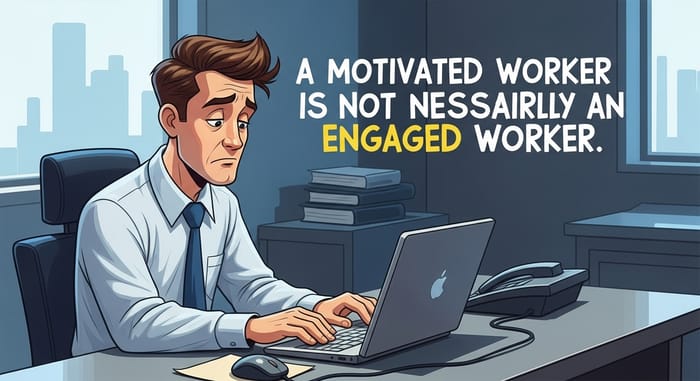 Vibrant Cartoon Office Scene: Engagement vs. Motivation Vibrant Cartoon Office Scene: Engagement vs. Motivation