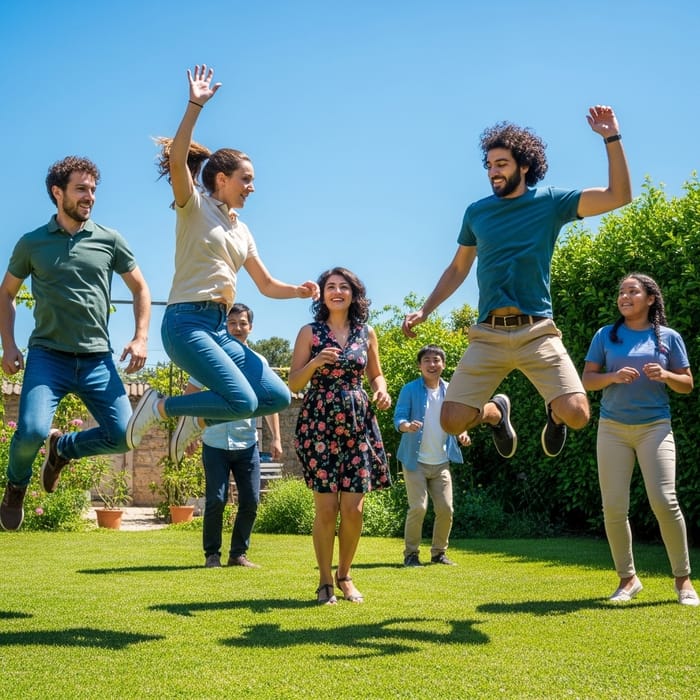 Joyful Friends Leaping in a Sunny Garden