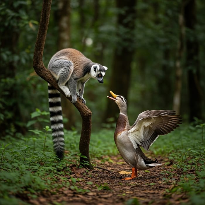 Lemur vs Duck: A Fierce Forest Face-Off Lemur vs Duck: A Fierce Forest Face-Off