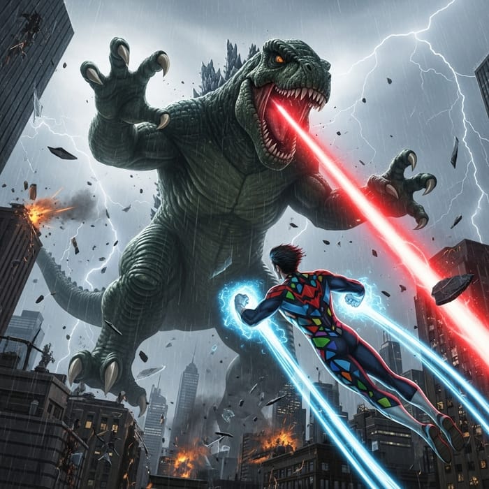 Epic Battle: Superhero vs Godzilla in City Skyline Epic Battle: Superhero vs Godzilla in City Skyline