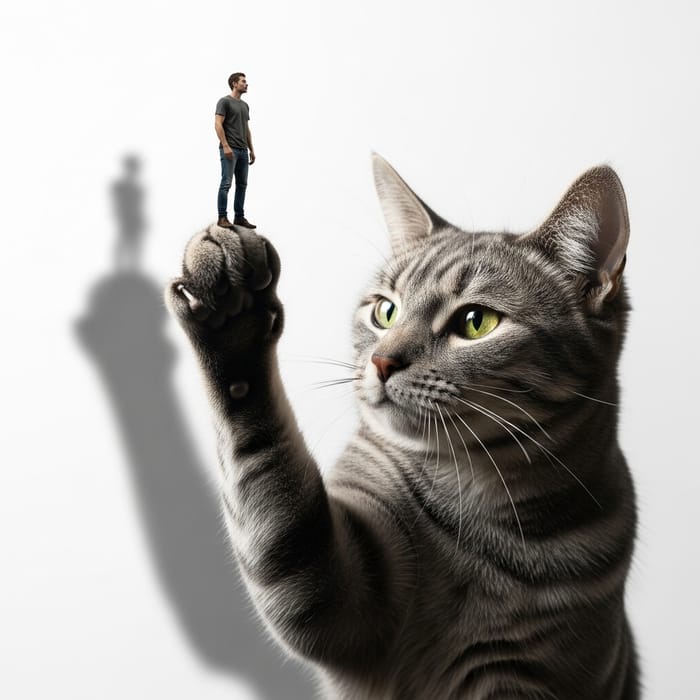 Surreal Grey Cat Holding Miniature Human Figure